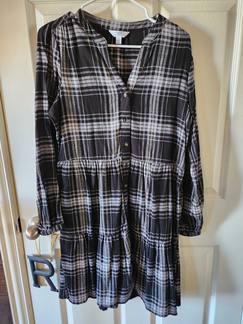 Time And Tru Black & White Flannel Plaid Button-Front Tiered Dress